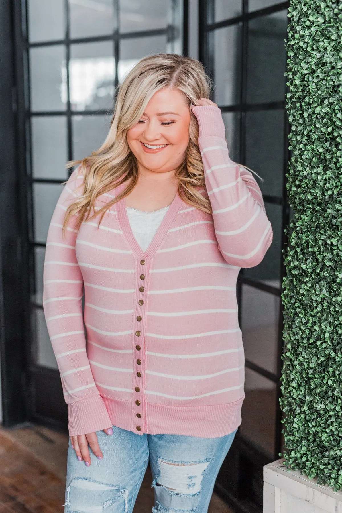Everyday Striped Button Cardigan- Light Pink & Ivory