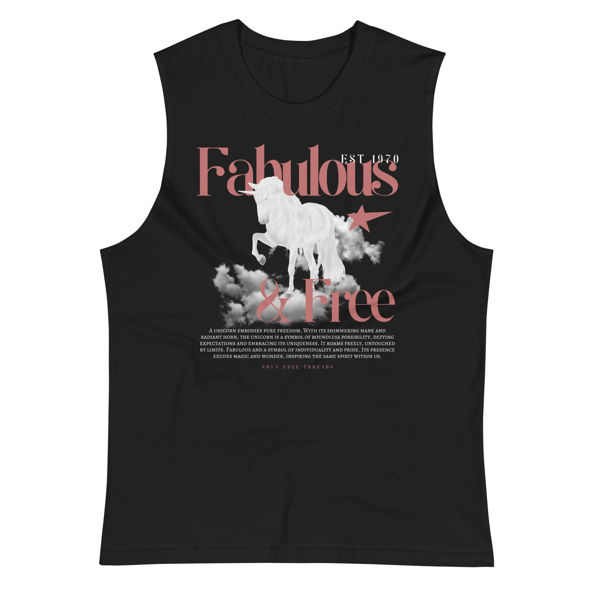 Fabulous & Free Unicorn Graphic Tee LGBTQIA2S  Pride Vintage Style Front Graphic of Black Relaxed Fit Sleeveless Tank Top