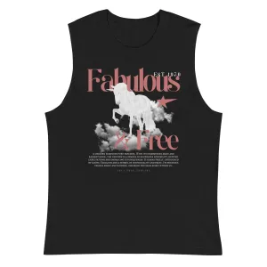 Fabulous & Free Unicorn Graphic Tee LGBTQIA2S  Pride Vintage Style Front Graphic of Black Relaxed Fit Sleeveless Tank Top