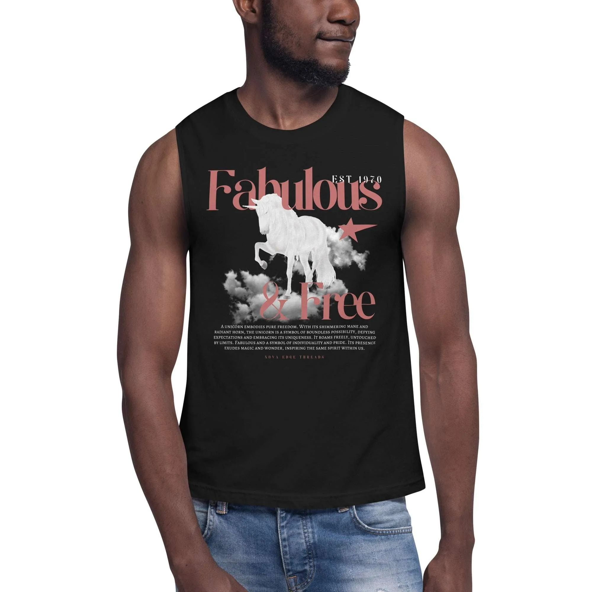 Fabulous & Free Unicorn Graphic Tee LGBTQIA2S  Pride Vintage Style Front Graphic of Black Relaxed Fit Sleeveless Tank Top