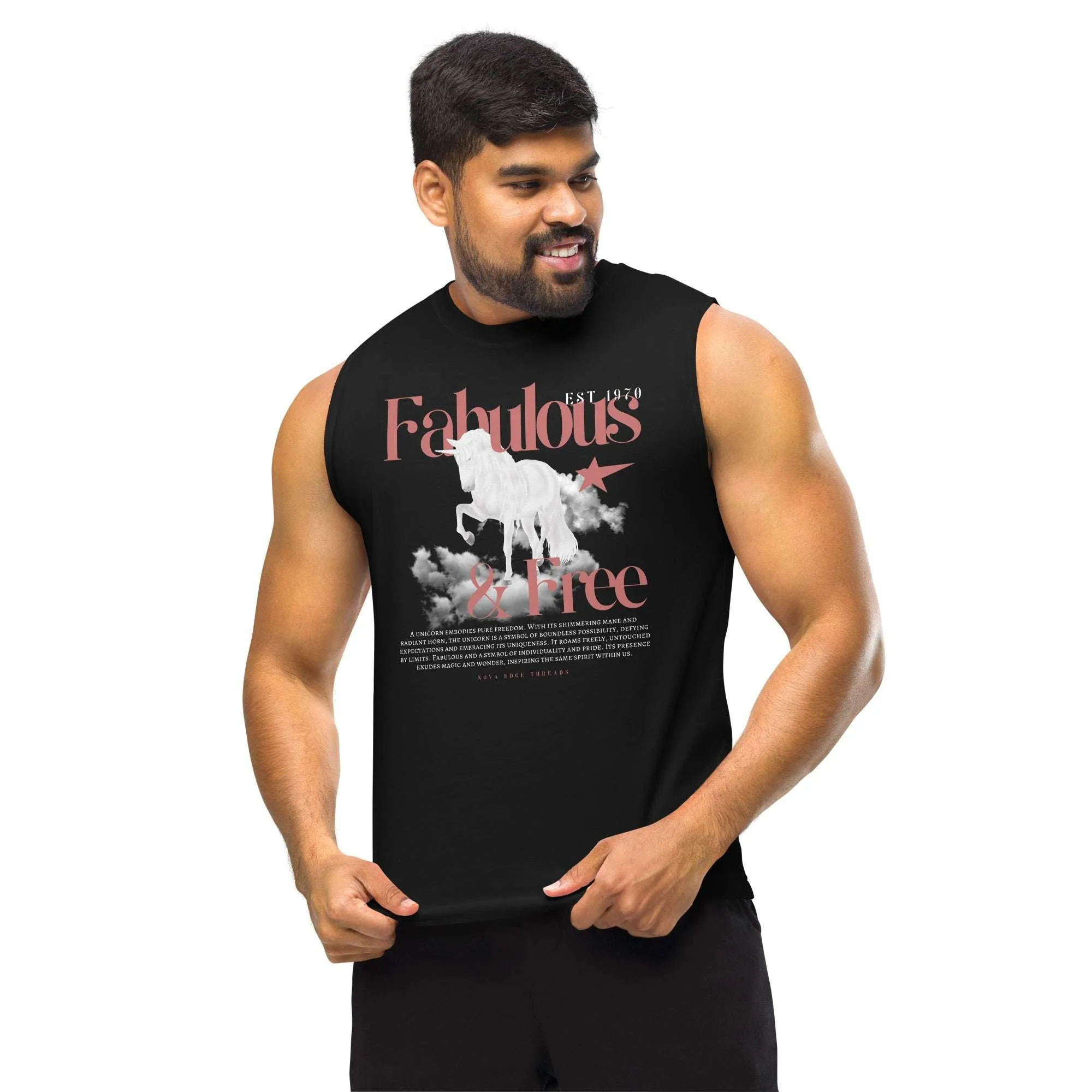 Fabulous & Free Unicorn Graphic Tee LGBTQIA2S  Pride Vintage Style Front Graphic of Black Relaxed Fit Sleeveless Tank Top