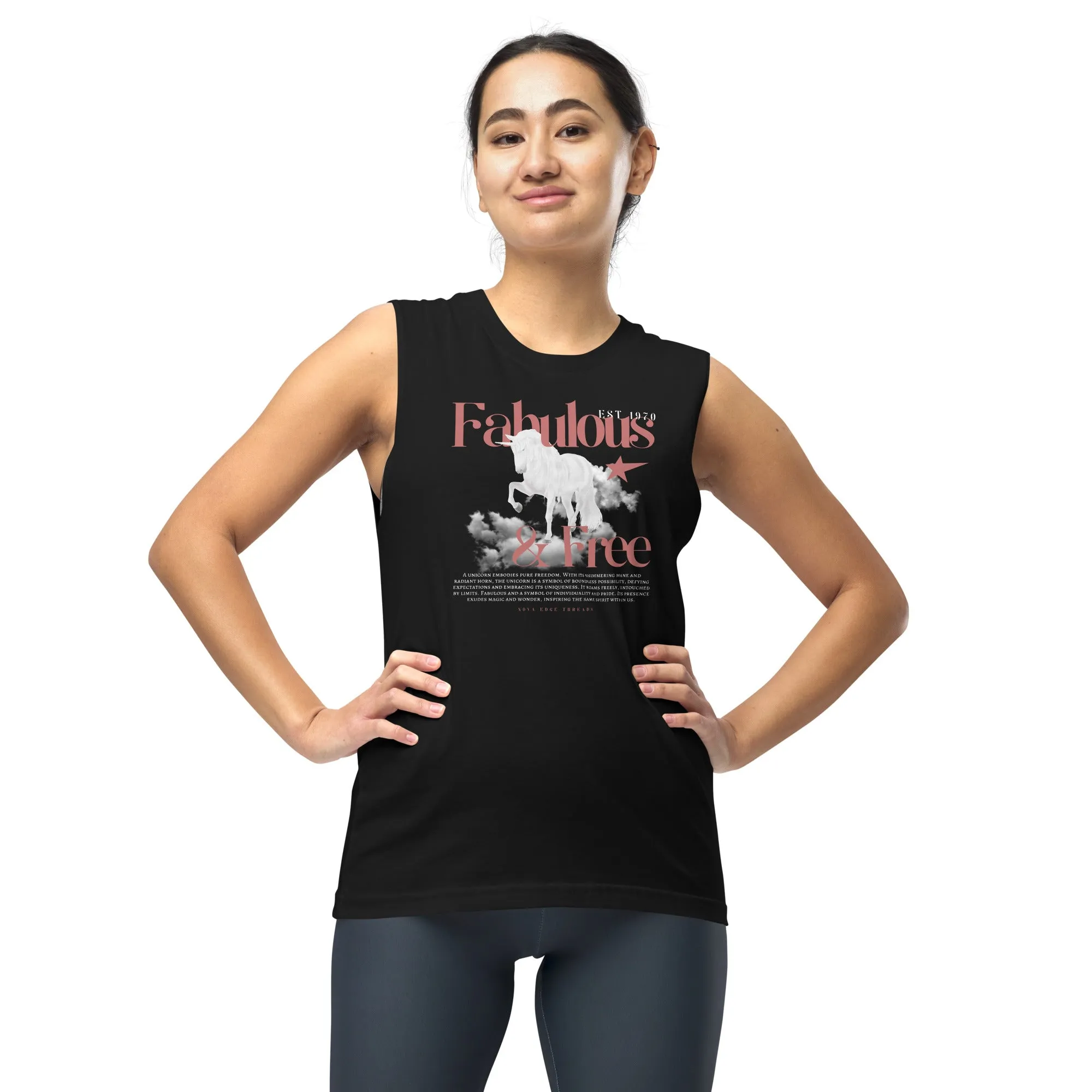 Fabulous & Free Unicorn Graphic Tee LGBTQIA2S  Pride Vintage Style Front Graphic of Black Relaxed Fit Sleeveless Tank Top