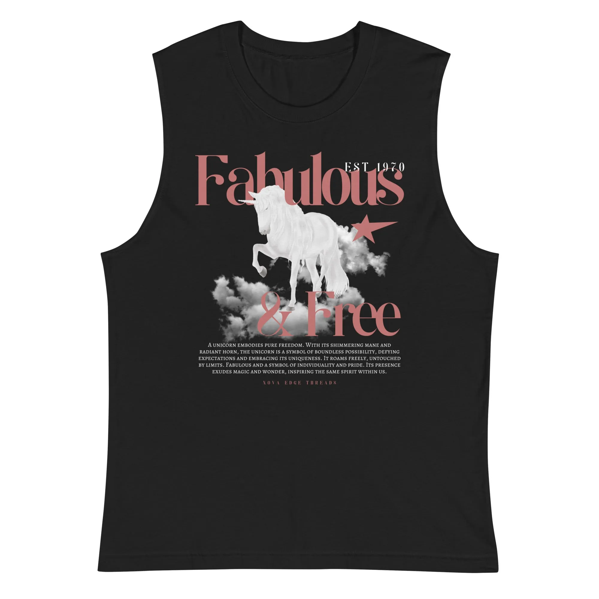Fabulous & Free Unicorn Graphic Tee LGBTQIA2S  Pride Vintage Style Front Graphic of Black Relaxed Fit Sleeveless Tank Top