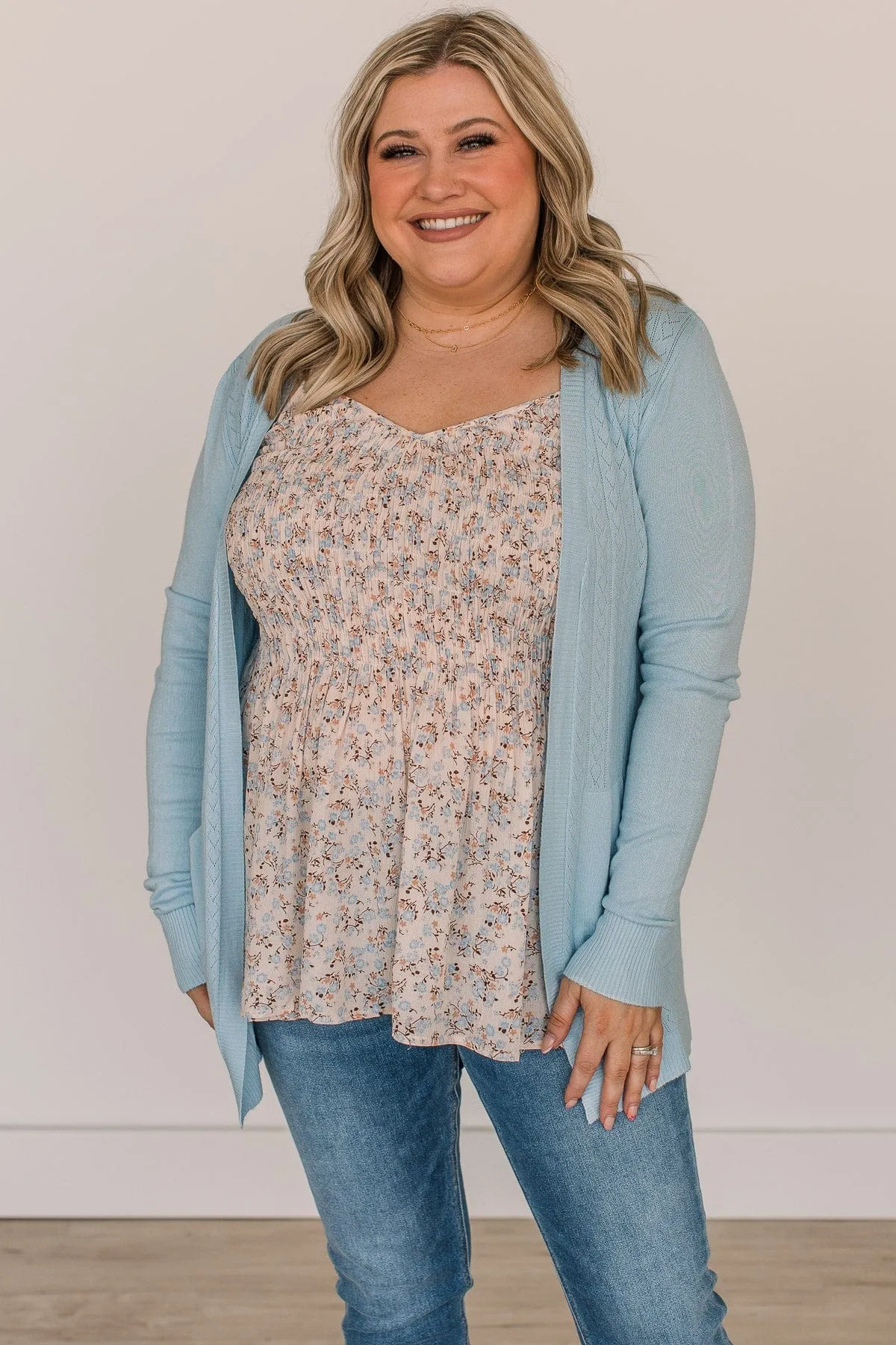 Found Myself Open Front Knit Cardigan- Light Blue