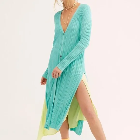 Free People Skinny Mini Duster Cardigan Oversized XS to M Aqua Blue