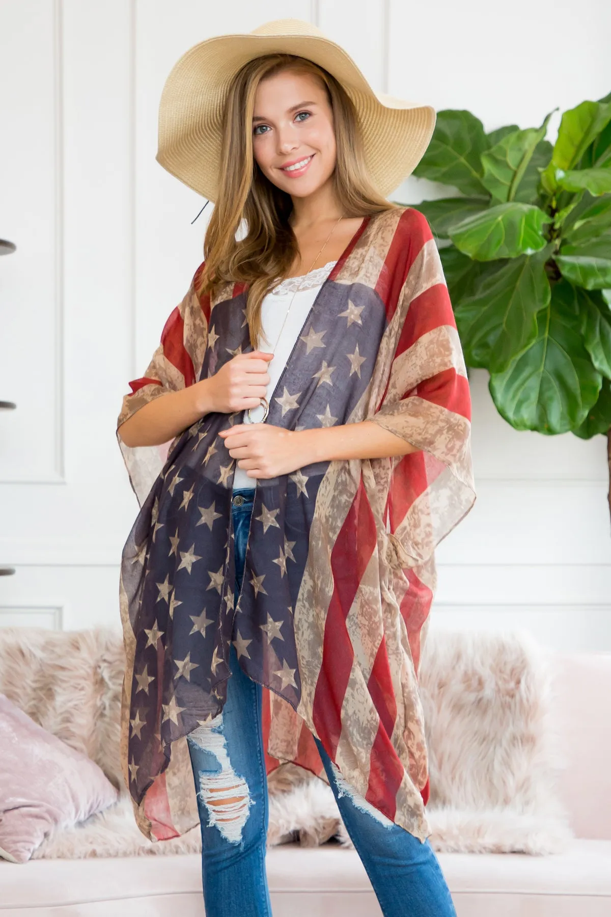 HDF2219 - RED STRIPED STARS OPEN FRONT SCARF CARDIGAN
