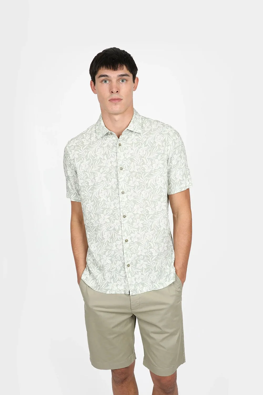 JAMES HARPER HIBISCUS PRINT LINEN VISCOSE S/S SHIRT JHS575
