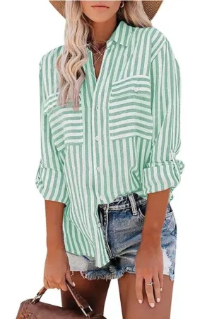 Jewel Striped Roll Up Sleeve Shirt - Green