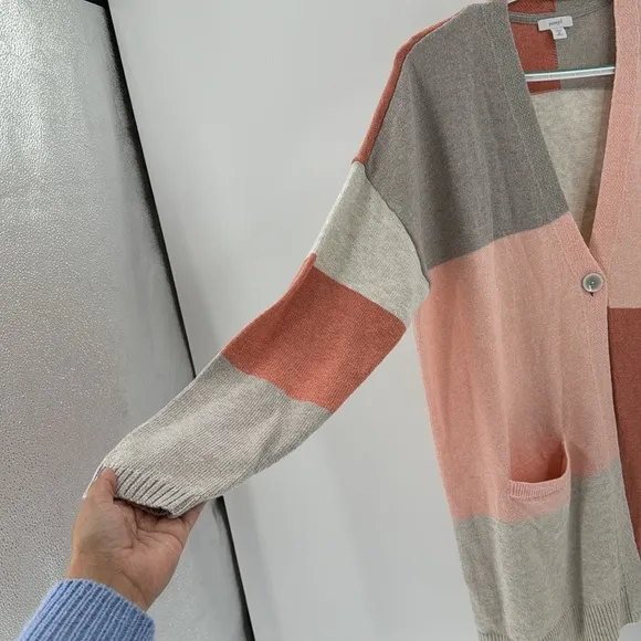 J.jill peach tan oversized color block one button cardigan longline easy to wear