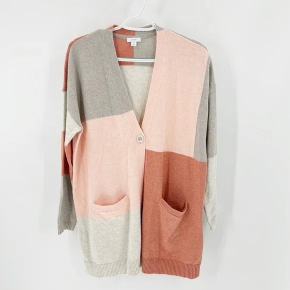 J.jill peach tan oversized color block one button cardigan longline easy to wear