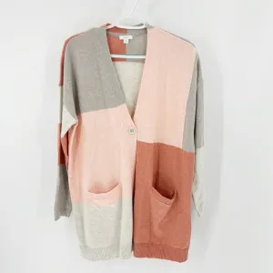 J.jill peach tan oversized color block one button cardigan longline easy to wear