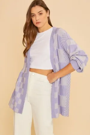 Lavender Checkered Drop Shoulder Cardigan