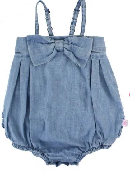 Light Wash Denim Bow-Front Bubble Romper