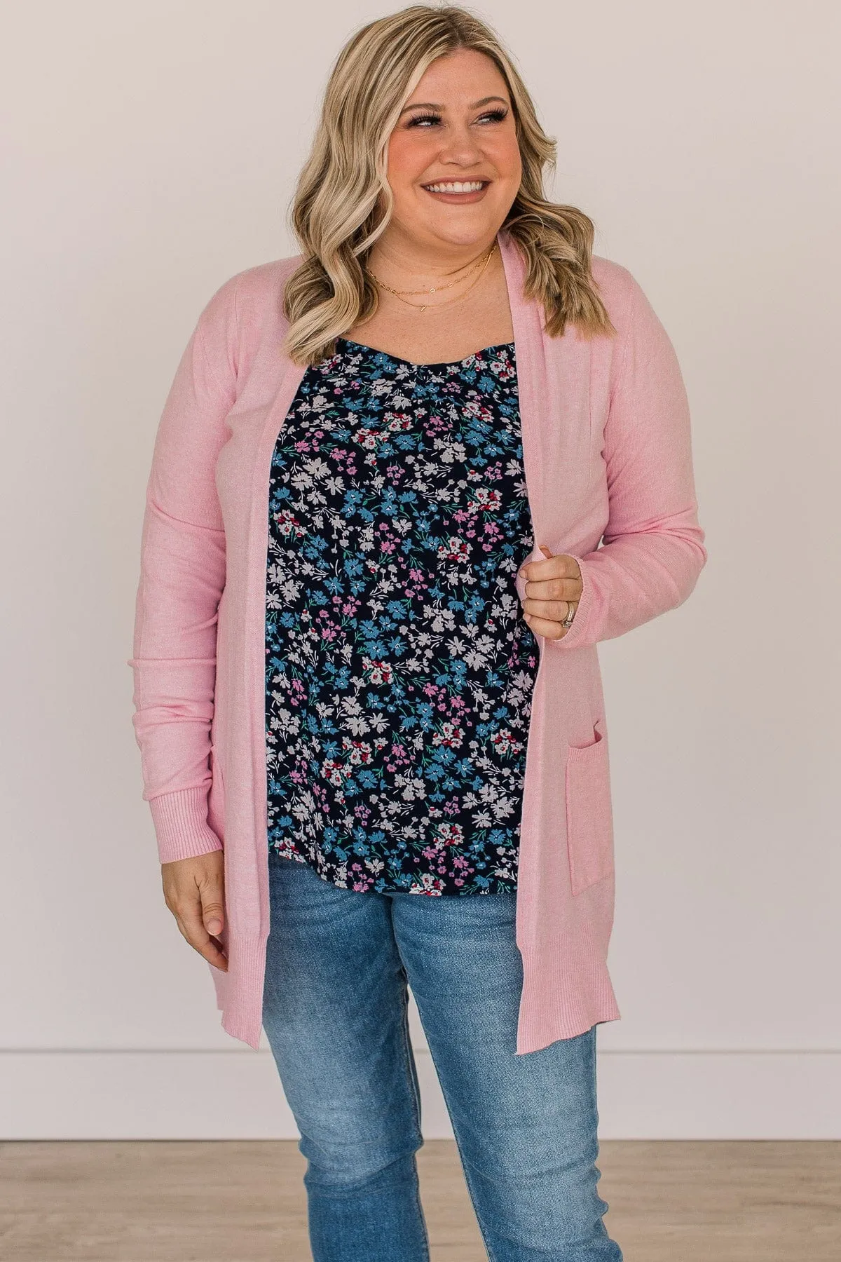 Lovely New Day Open Front Knit Cardigan- Light Pink