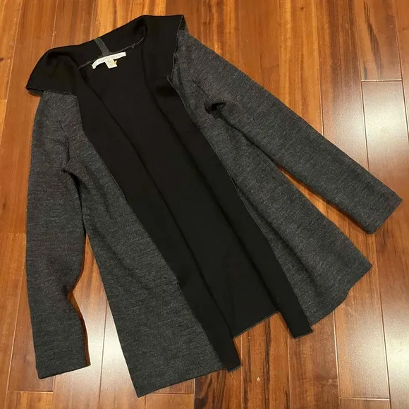 Max Studio Gray Merino Wool Cardigan Long Sleeve Hooded Open Front Size Small