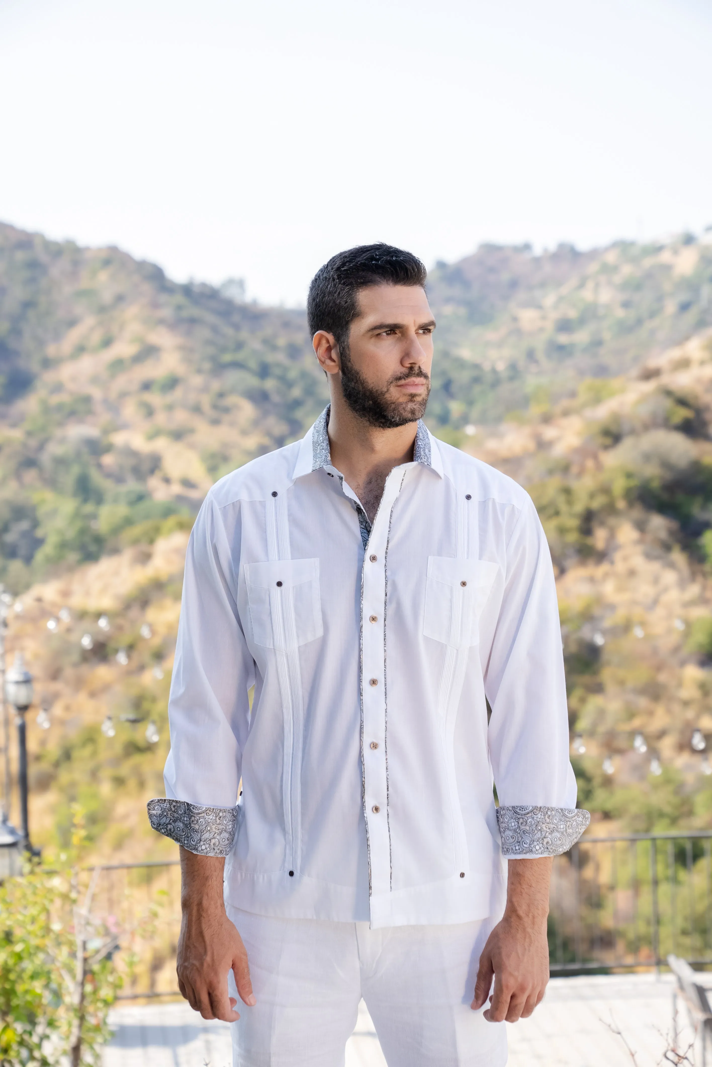 Men's Guayabera Chacabana Shirt Cotton Blend Long Sleeve with Contrast Accent Trim