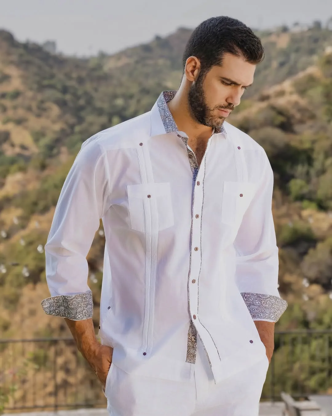 Men's Guayabera Chacabana Shirt Cotton Blend Long Sleeve with Contrast Accent Trim
