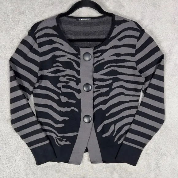 Michael Simon Zebra Print 3 Button Cardigan Sweater Women's M Black Gray Vintage