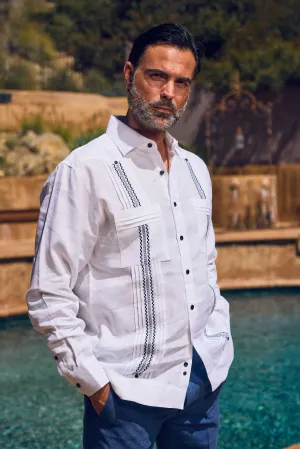 Mojito Men's Embroidery Trimmed Guayabera Shirt Chacabana 100% Linen Long Sleeve