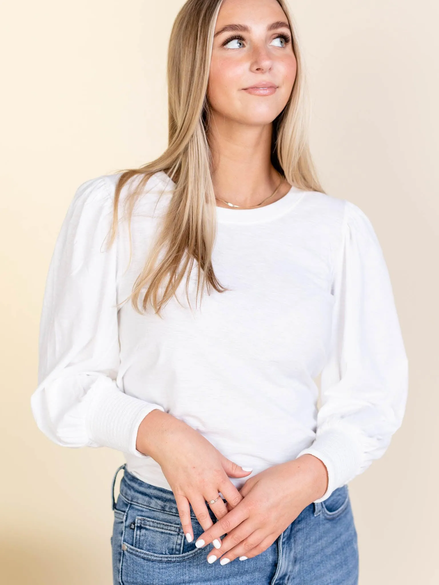 NATION White Loren Smocked Peasant Tee