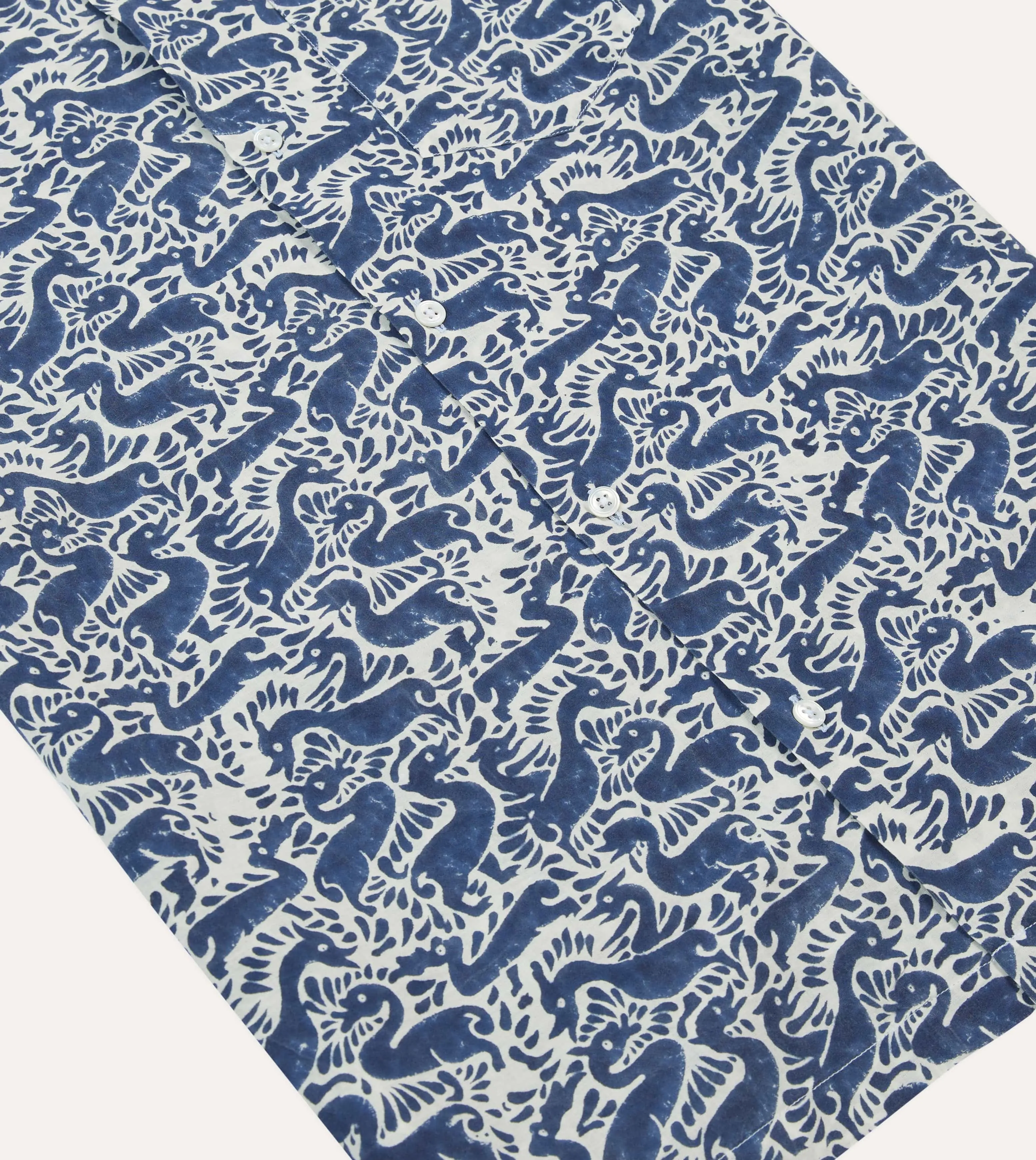 Navy Duck Block Print Cotton Camp Collar Short Sleeve Shirt