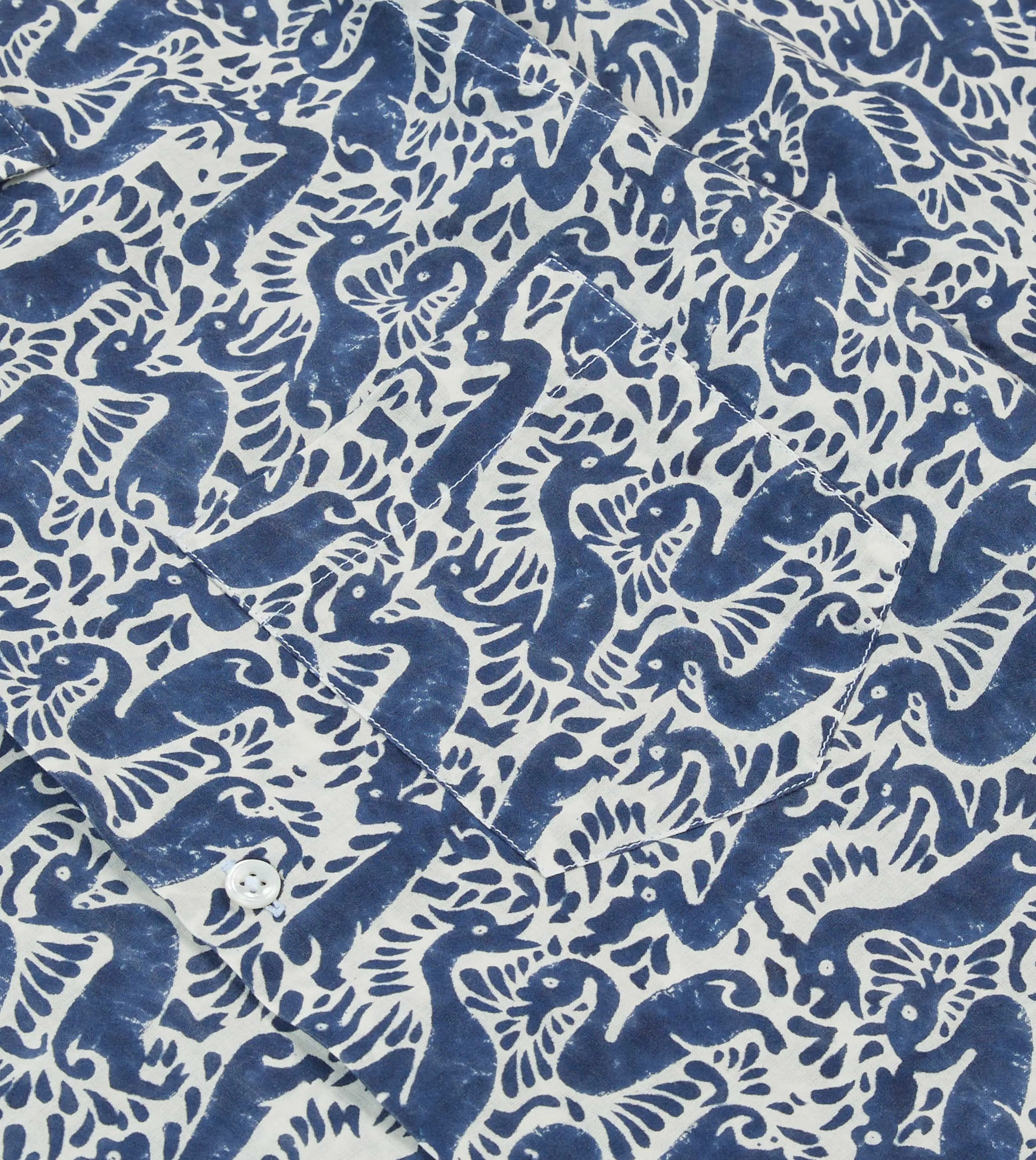 Navy Duck Block Print Cotton Camp Collar Short Sleeve Shirt