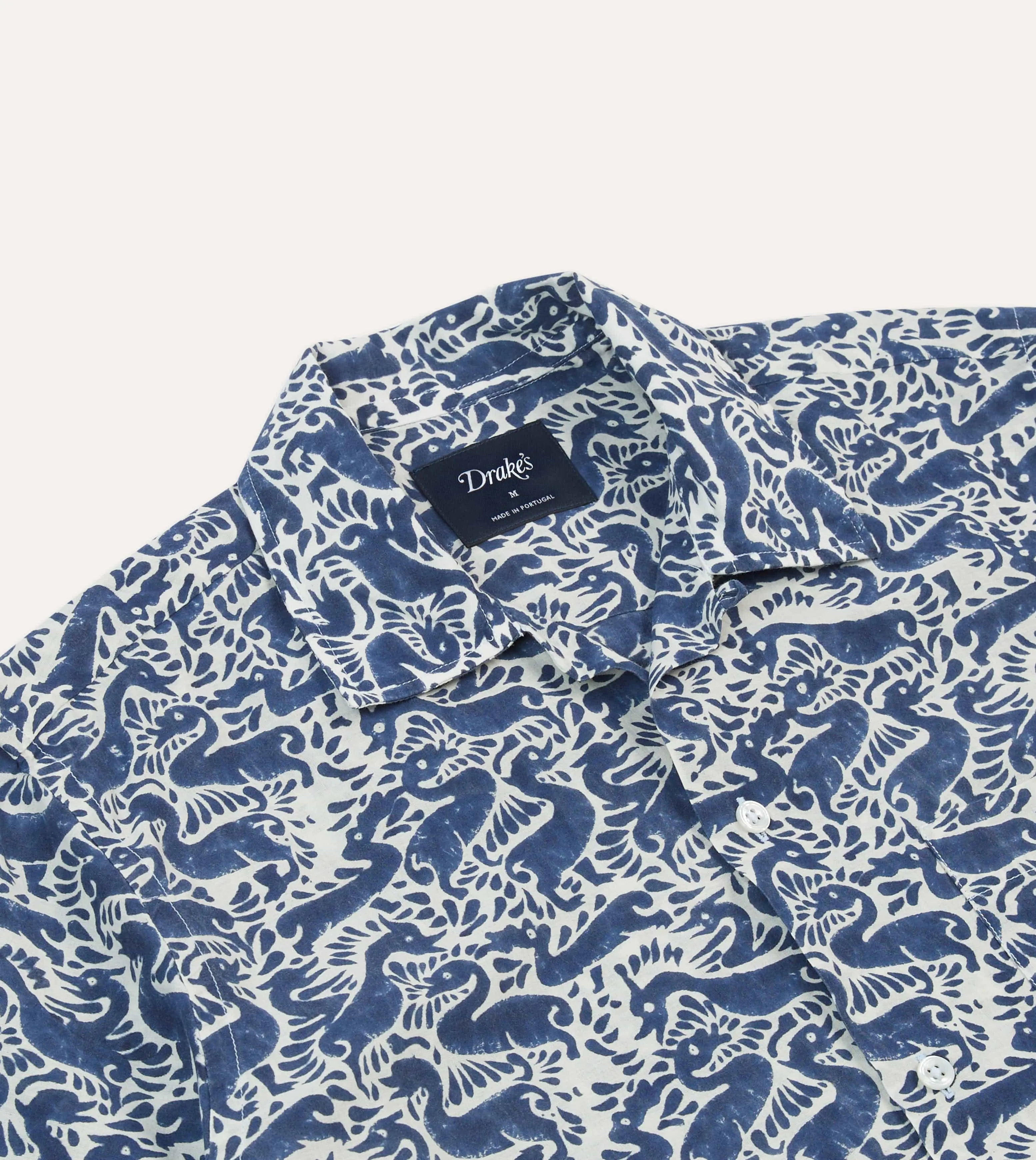 Navy Duck Block Print Cotton Camp Collar Short Sleeve Shirt