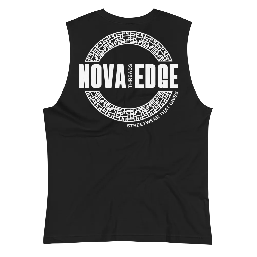 Nova Edge Threads Logo on back of Black Relaxed Fit Sleeveless Tank Top