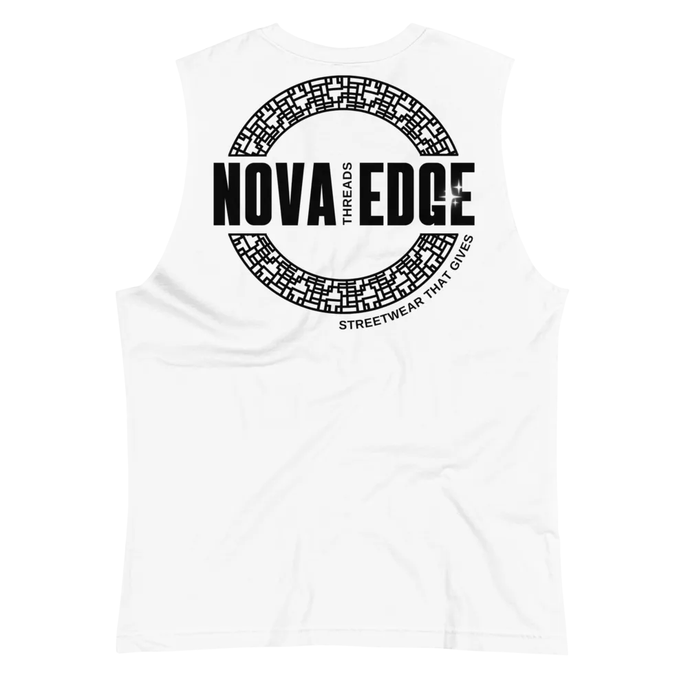 Nova Edge Threads Logo on back of White Relaxed Fit Sleeveless Tank Top