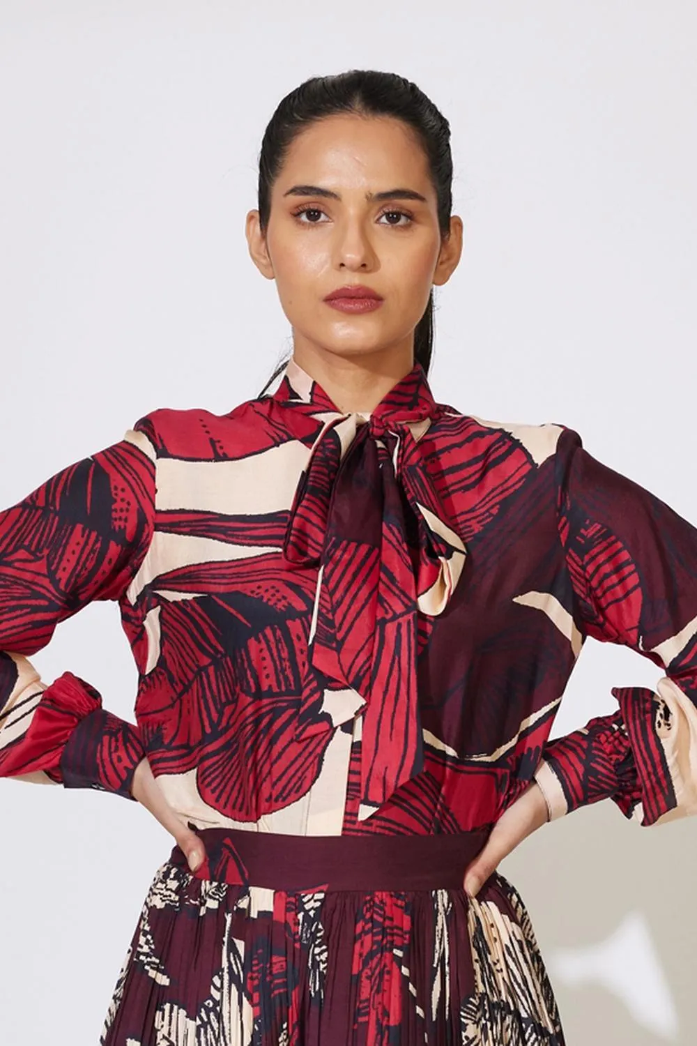 Offwhite, Red And Brown Floral Bow Tie Shirt