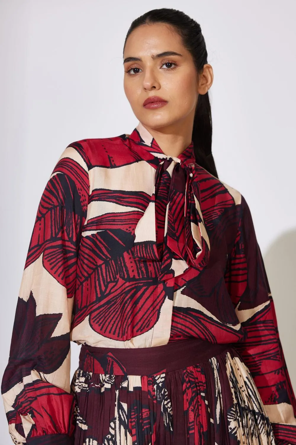 Offwhite, Red And Brown Floral Bow Tie Shirt