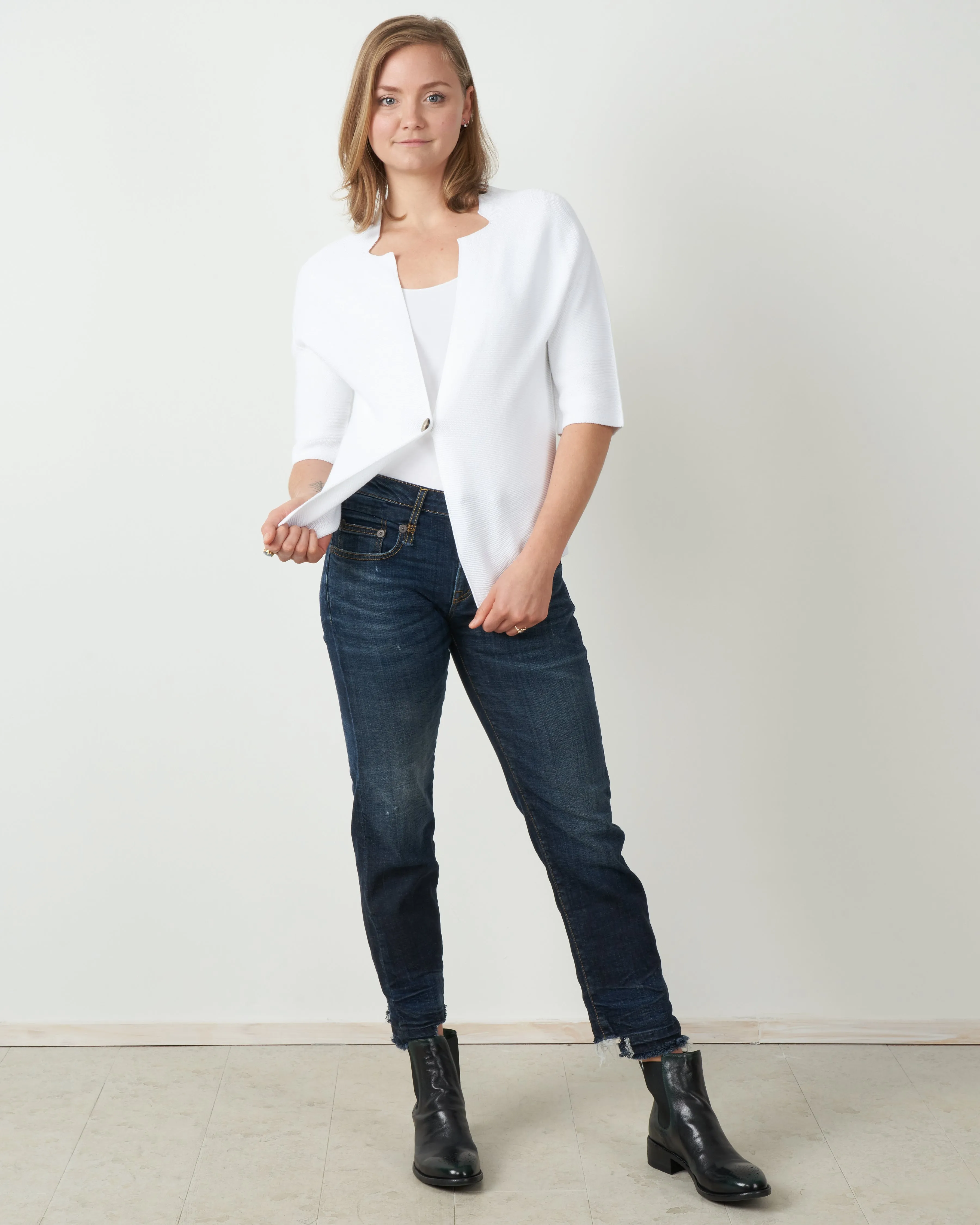 one button open collar cardigan - white