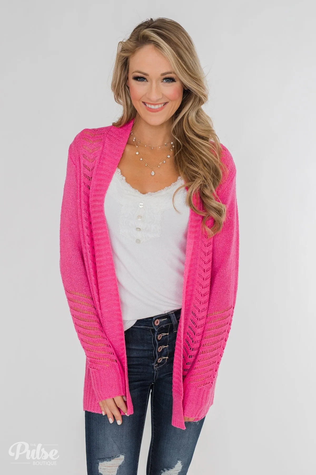 Open Front Pointelle Cardigan- Hot Pink