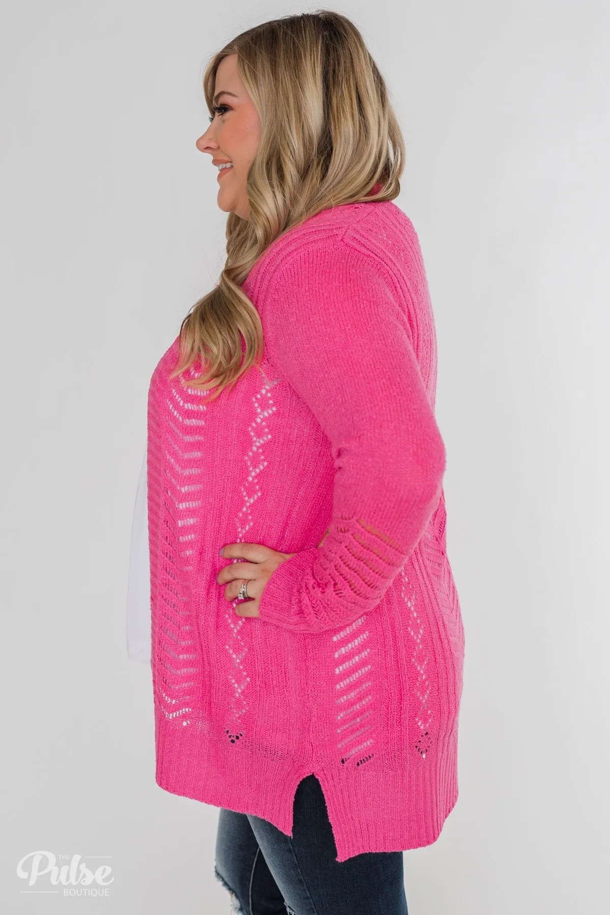 Open Front Pointelle Cardigan- Hot Pink