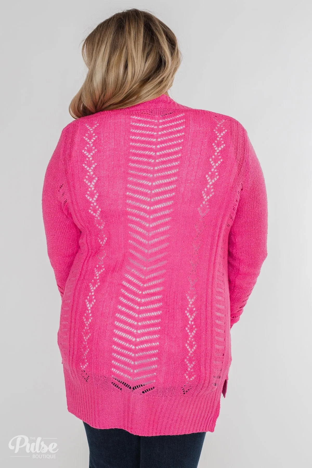Open Front Pointelle Cardigan- Hot Pink