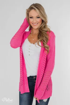 Open Front Pointelle Cardigan- Hot Pink