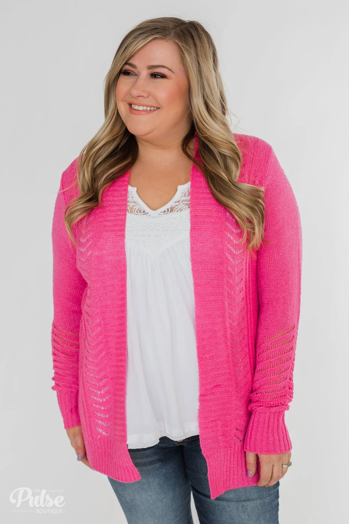 Open Front Pointelle Cardigan- Hot Pink