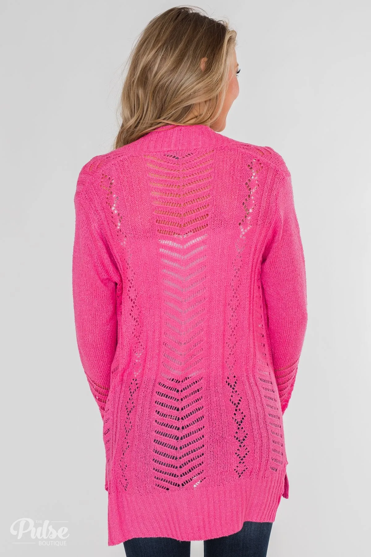 Open Front Pointelle Cardigan- Hot Pink