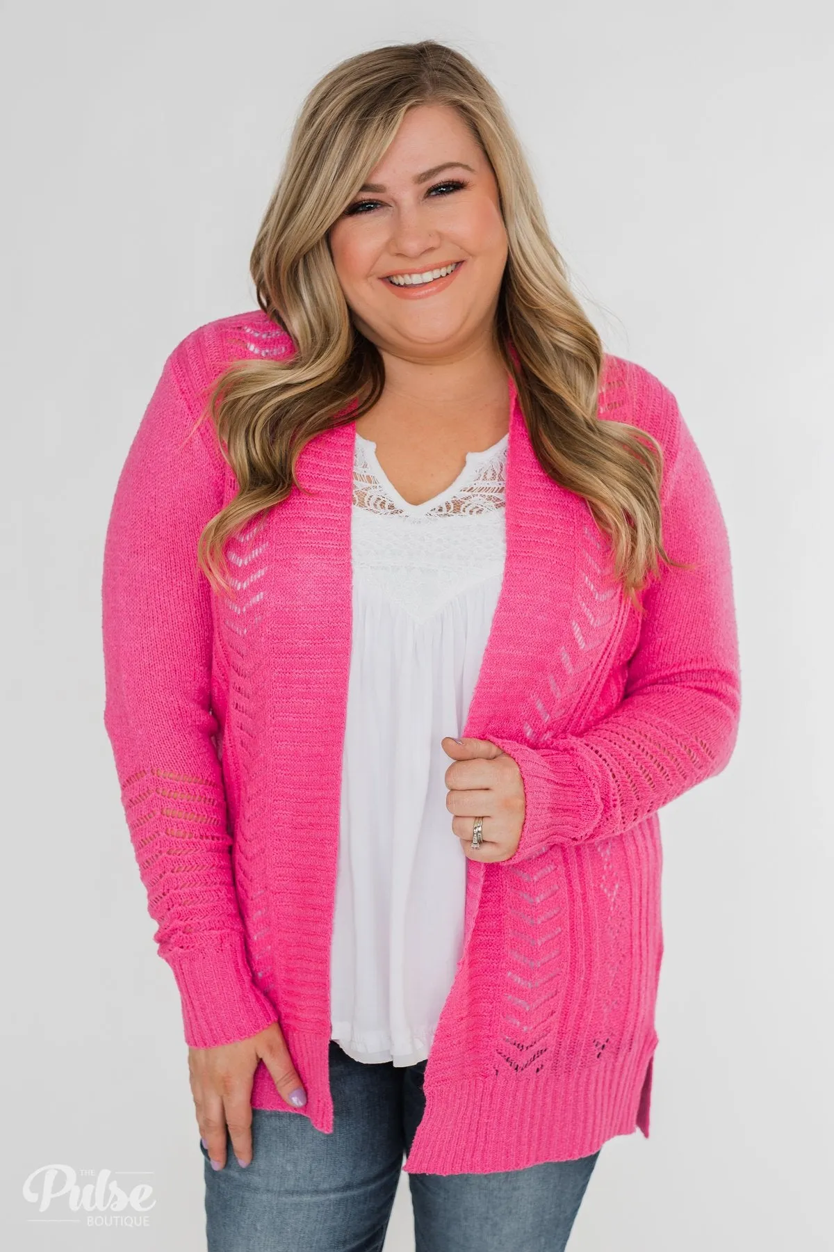 Open Front Pointelle Cardigan- Hot Pink