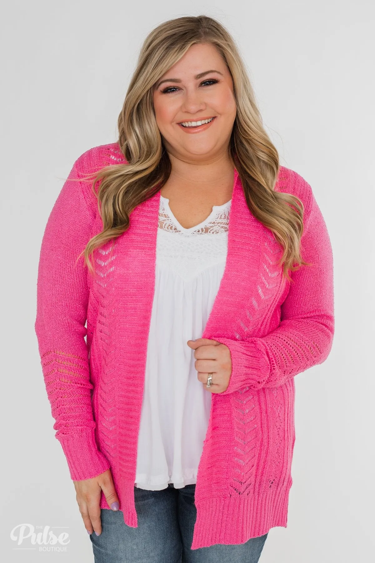Open Front Pointelle Cardigan- Hot Pink