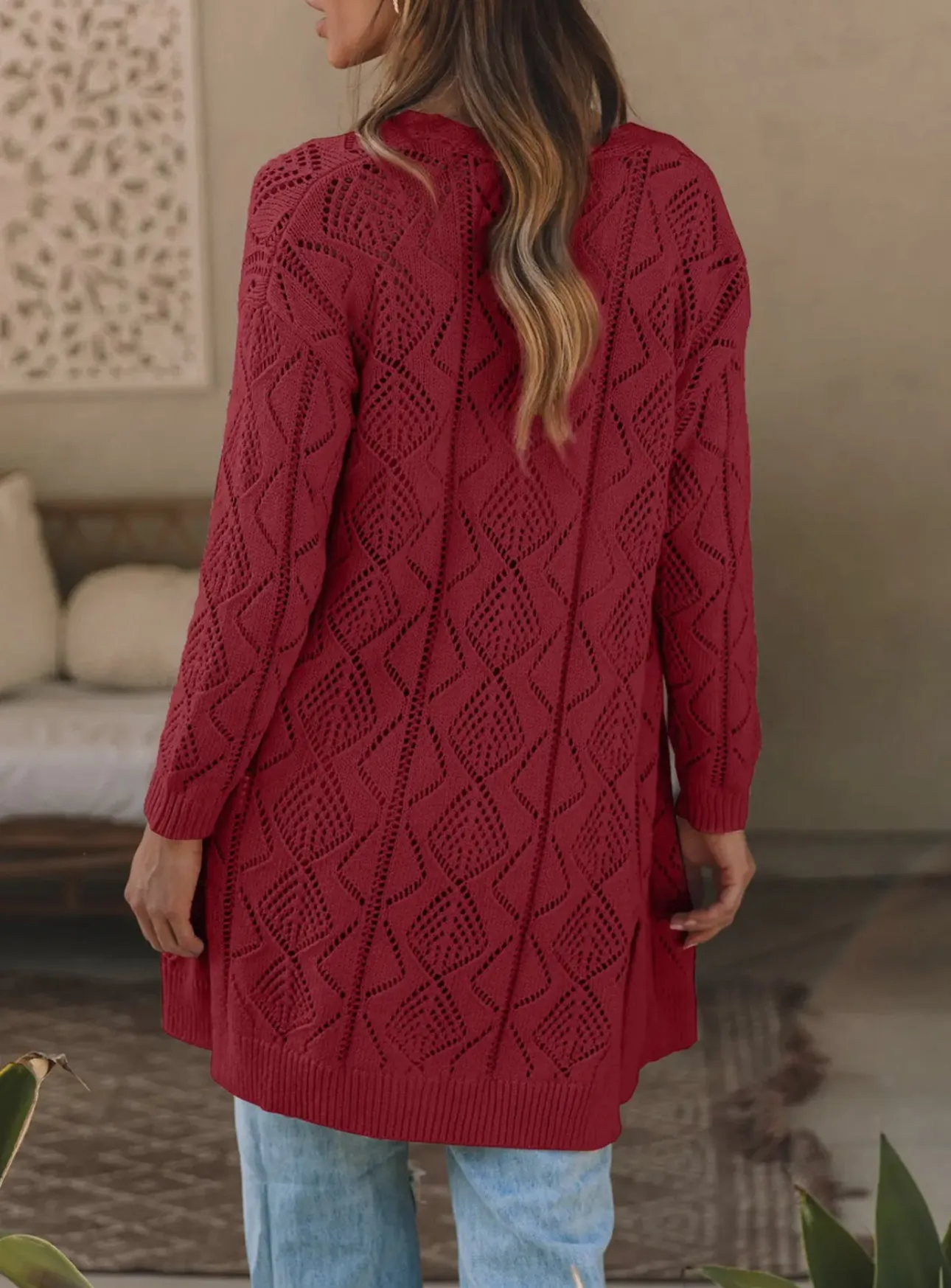Open Work Knit Cardigan - Red