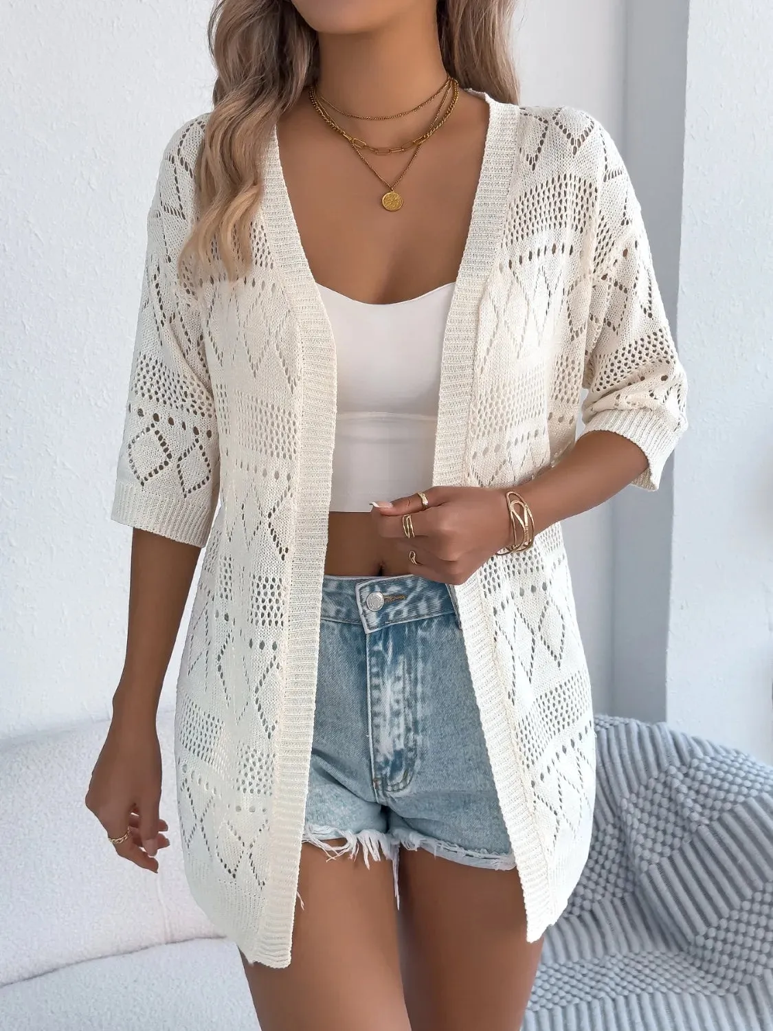 Openwork Open Front Half Sleeve Cardigan