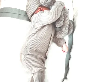 Organic Cotton Greige Knitted Baby Cardigan & Trouser Beanie Set