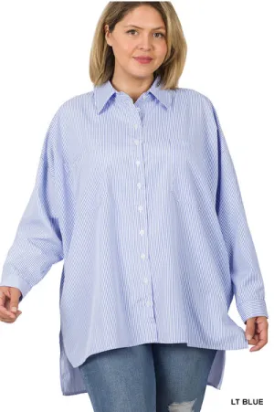 Oversized Light Blue Stripe Button Front Shirt - Plus