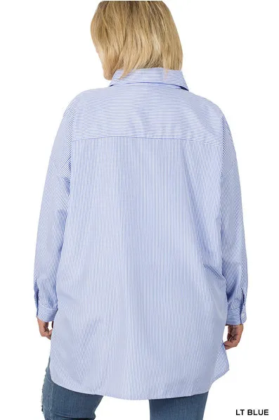 Oversized Light Blue Stripe Button Front Shirt - Plus