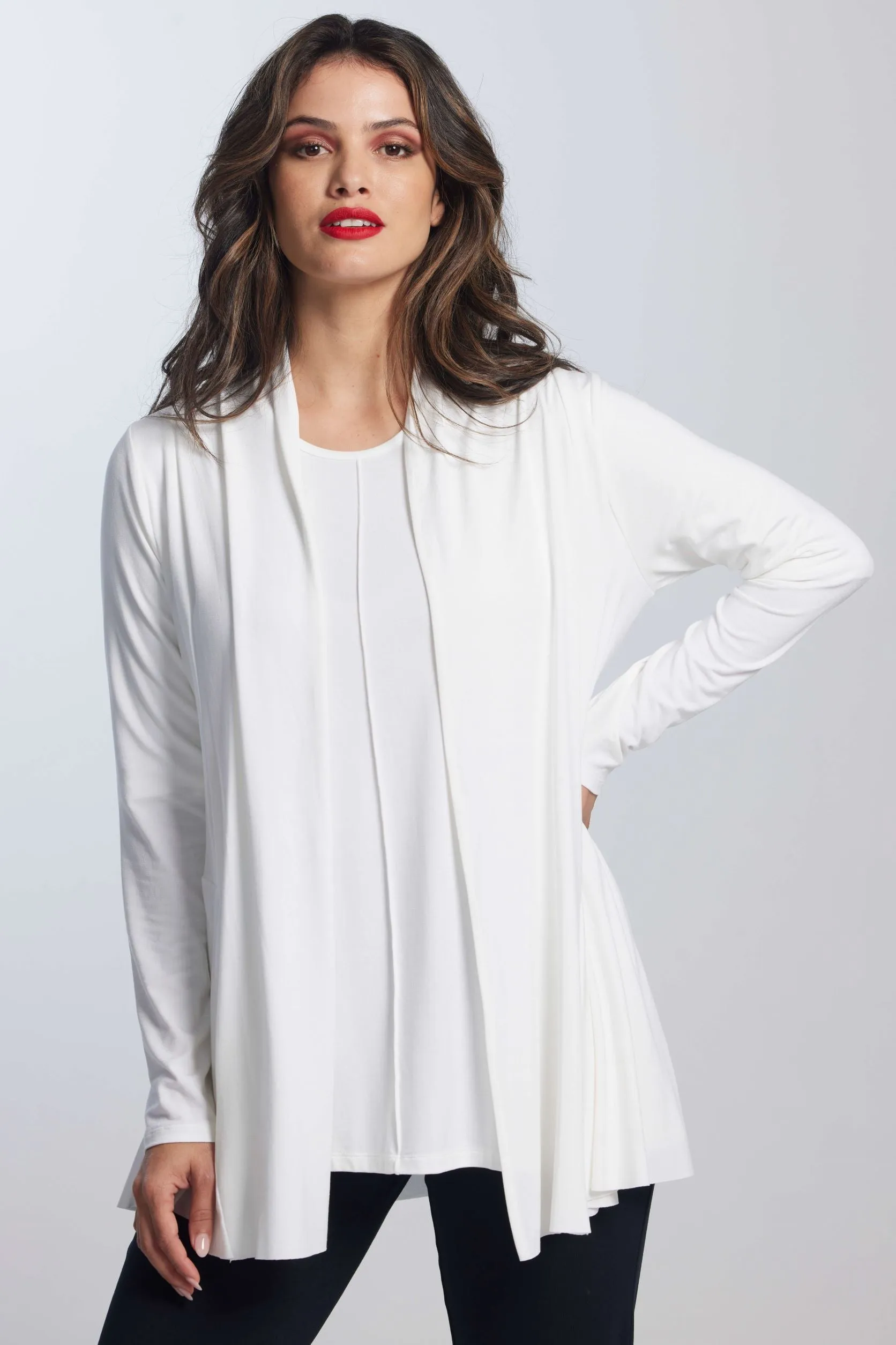 PAULA RYAN ESSENTIALS Easy Fit Panelled Cardigan - MicroModal - White