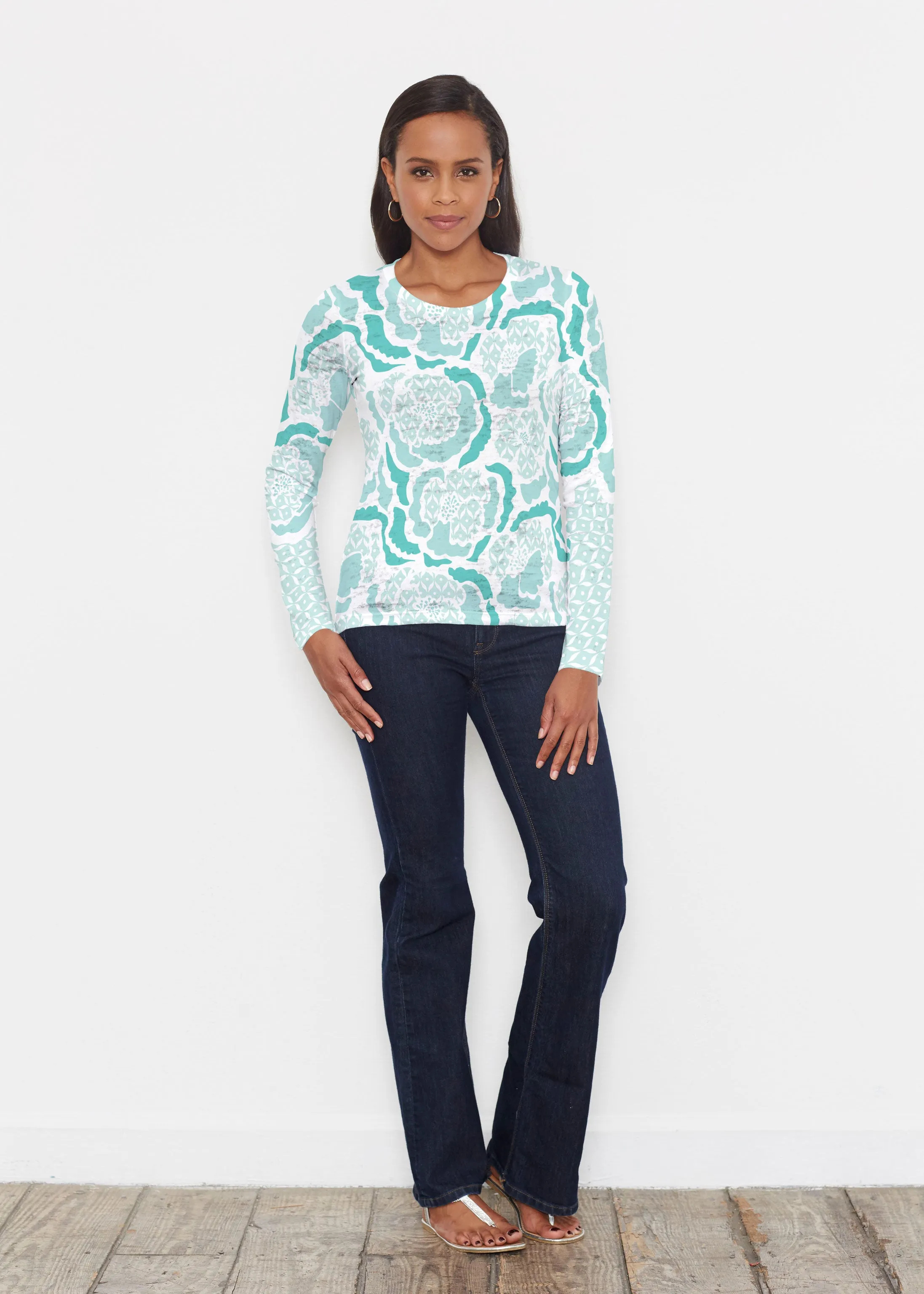 Peonies Aqua (8082) ~ Signature Long Sleeve Crew Shirt