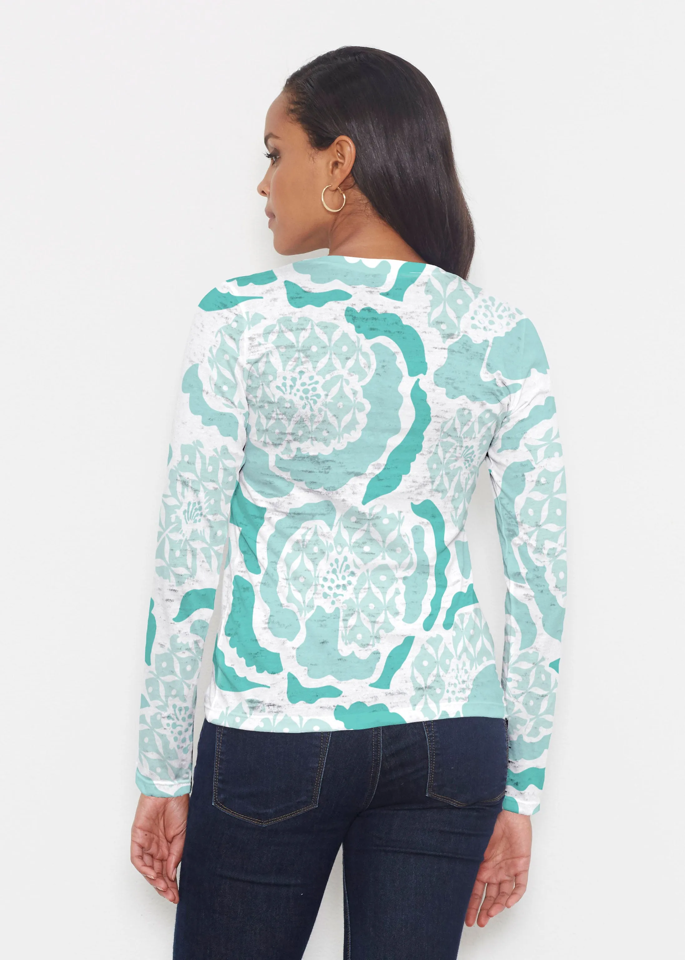 Peonies Aqua (8082) ~ Signature Long Sleeve Crew Shirt