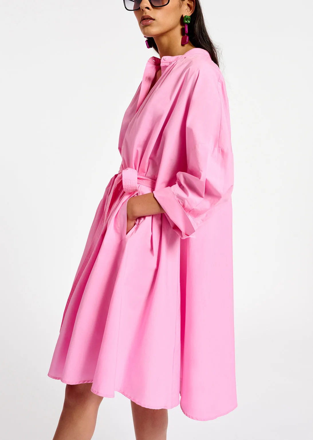 Pink cotton oversized knee-length shirt dress