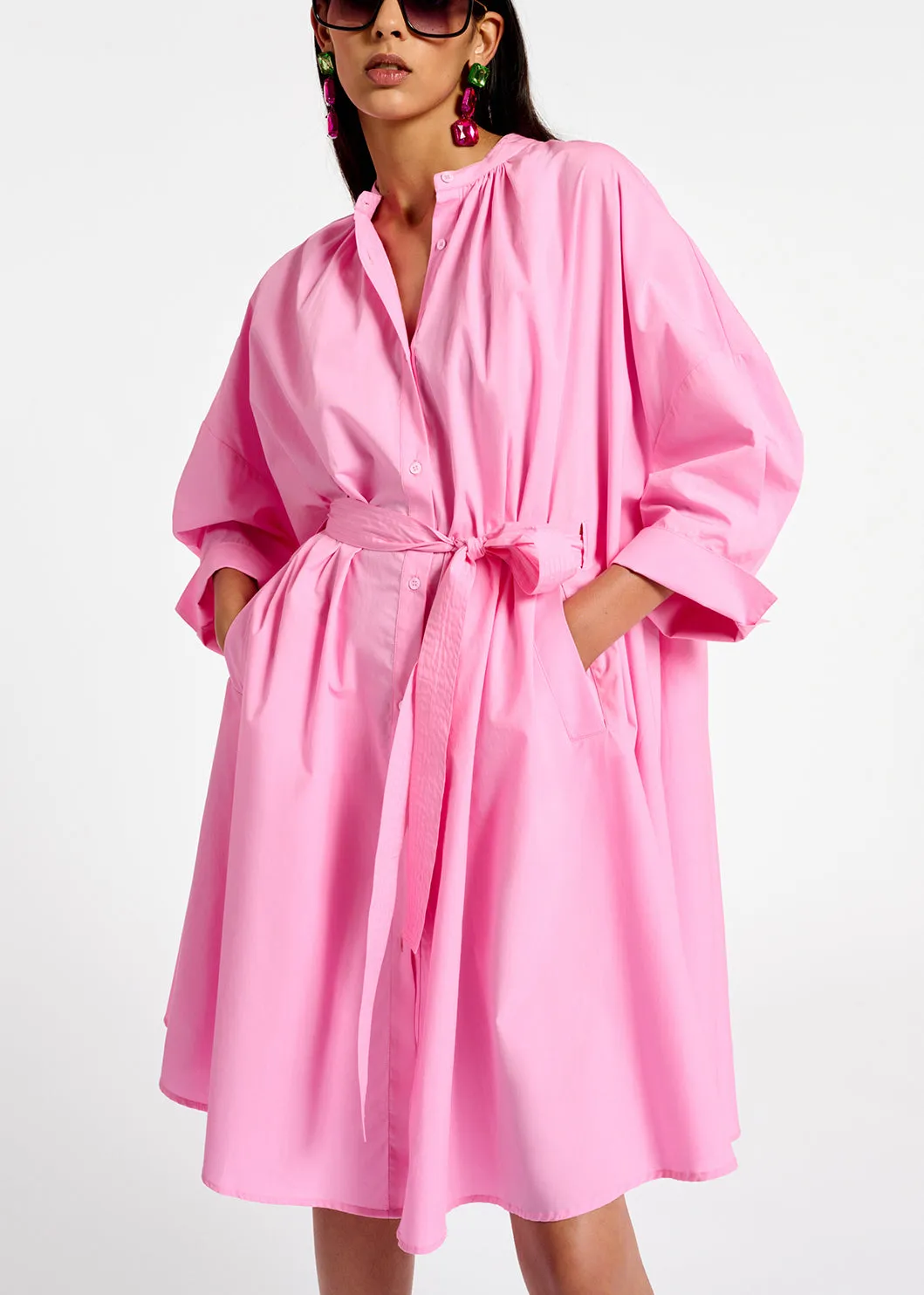 Pink cotton oversized knee-length shirt dress